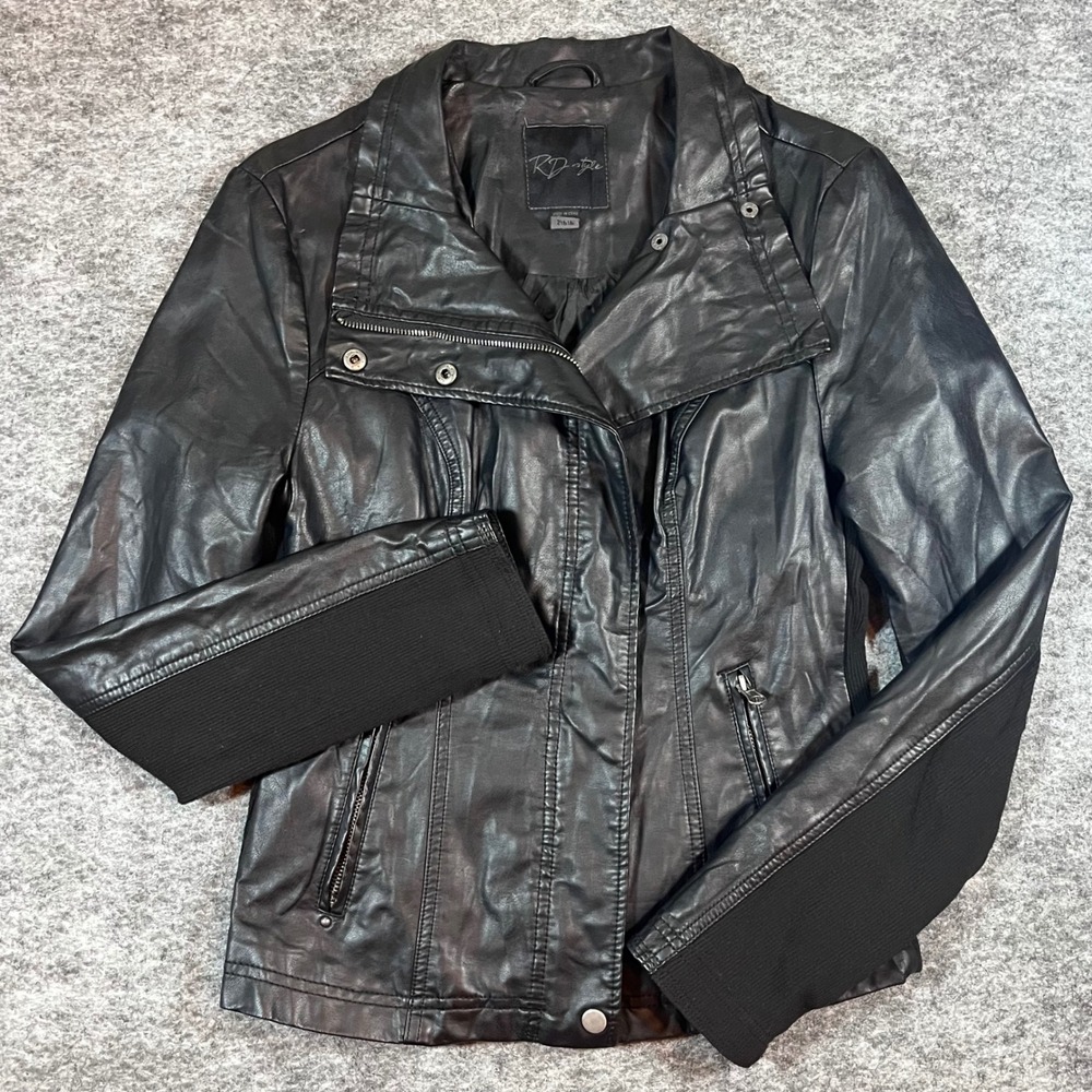 RD Style Moto Jacket Women S Black Faux Leather Biker Ribbed Knit Sleeves Rocker